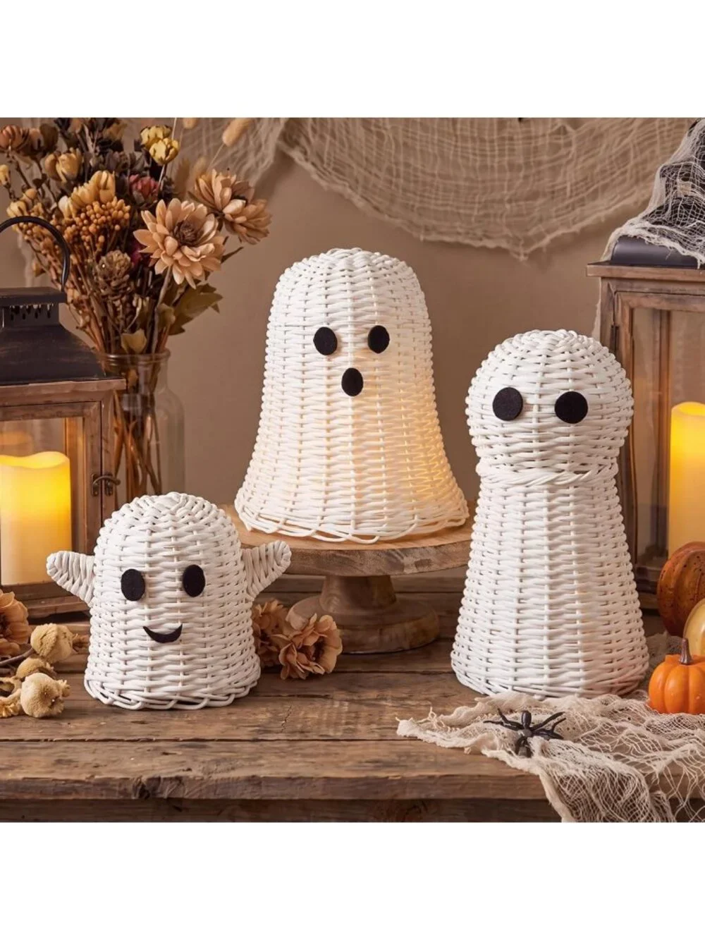 3 Pcs Halloween Wicker Ghost Decor - White Rattan Figurines for Spooky Home